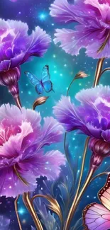 Purple flowers and butterflies in a whimsical fantasy scene.