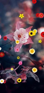 Fantasy wallpaper with flowers and a dragon on a dark, mystical background.