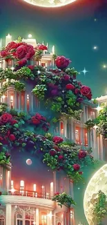 Fantasy building with roses and glowing moons in a night setting wallpaper.