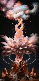 Surreal pink floral explosion against a dark background in fantasy art design.