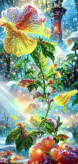 Fantasy floral forest wallpaper with vibrant flowers.