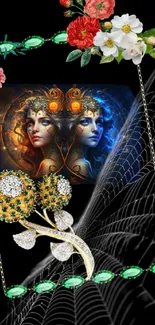 Mystical Gemini art with floral and jewelry accents on a dark background.