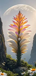 Vibrant flower blooms in fantasy landscape.