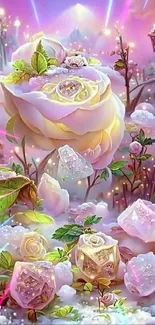 Whimsical fantasy wallpaper with pink roses and crystals.