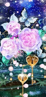 Fantasy wallpaper with roses, keys, and butterflies.