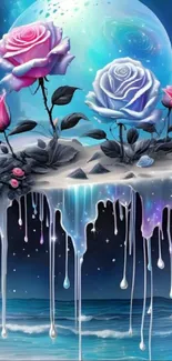 Fantasy wallpaper with glowing roses under a moonlit sky and a serene ocean.