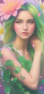 Dreamy fantasy portrait with flowers in pastel shades.