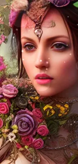 Fantasy portrait wallpaper with floral crown and nature background.