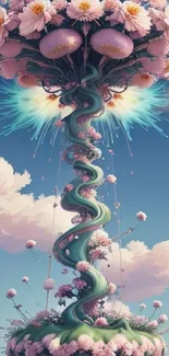 Surreal fantasy floral tree art on a mobile wallpaper in pastel hues.