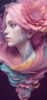 Fantasy art wallpaper featuring a woman with pink hair and floral accents.