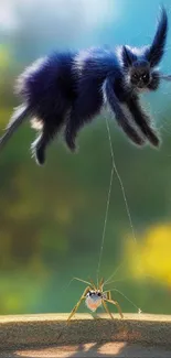 Fluffy blue fantasy creature with spider in a whimsical forest scene.