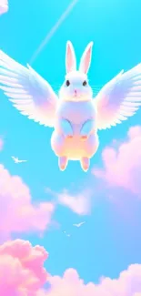 Flying bunny with wings in a blue sky and pink clouds wallpaper.