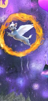 Winged dog flies through fiery hoop on purple fantasy background.