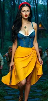 Fantasy forest scene with heroine in vibrant dress.
