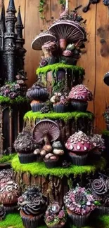 Whimsical cake display with mushrooms and castle in fantasy theme.