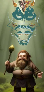 Whimsical dwarf in a lush green forest with mystical artwork.