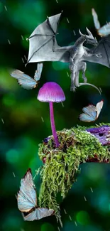 Fantasy dragon and mushrooms with butterflies in a lush green forest setting.