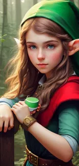 Fantasy forest scene with a young elf in green and red garments.