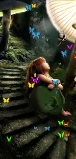 Fairy sitting under glowing mushrooms with colorful butterflies.