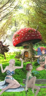 Fairy gathering at mushroom house in green forest.