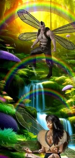 Magical forest with fairies and rainbows in a lush fantasy setting.