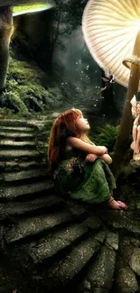 A magical forest scene with fairies and illuminated mushrooms.