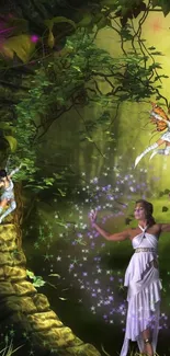 Magical forest with fairies in enchanting green scenery.