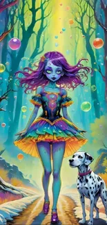 A colorful girl in a mystical forest with a dalmatian dog.