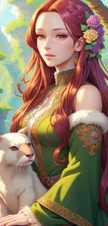 Fantasy forest maiden with a white cat.