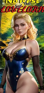 Blonde woman in fantasy forest art wallpaper.