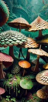 Whimsical forest with colorful mushrooms in a fantasy setting.