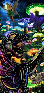 Fantasy forest wallpaper with glowing mushrooms and a dinosaur silhouette.