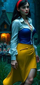 Fantasy forest scene with princess and cottage.