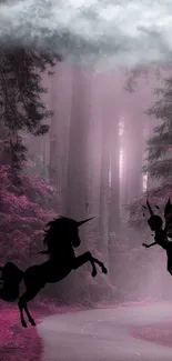 Silhouettes of a unicorn and fairy in a purple forest with clouds.