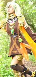 Fantasy warrior in cosplay amidst green forest scenery.