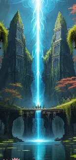 Fantasy forest scene with a light beam and ancient stone structures.