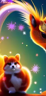 Artistic fox and cat with vibrant colors in fantasy setting.