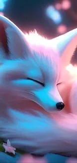 Sleeping fox in a dreamy anime style with soft glowing colors.