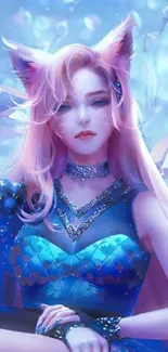 Elegant fantasy foxgirl with pink hair in a magical blue setting.