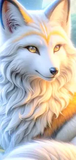 Fantasy white fox with golden accents in a mystical forest setting.