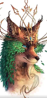 Artistic fantasy fox with green leaves and antlers.