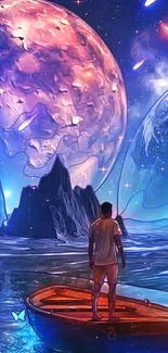 Fantasy galaxy scene with person in boat, colorful planets, and water.