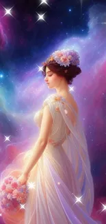 Fantasy bride in galaxy setting with starry purple hues.