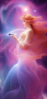 Enchanting fantasy woman in a cosmic, starry galaxy with vibrant purple and pink hues.