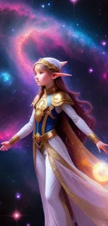 Fantasy elf in colorful galaxy wallpaper with vibrant cosmic background.