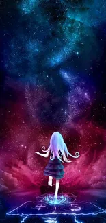 Mystical girl in galaxy wallpaper with purple and blue hues.