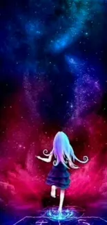 Fantasy wallpaper of a girl entering a vibrant galaxy realm.