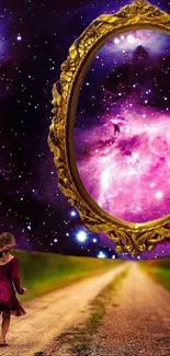 A fantasy galaxy backdrop with a mirror reflecting cosmic scenery.