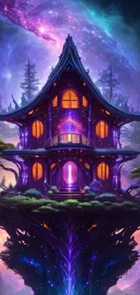 Mystical treehouse under a vibrant galaxy in a fantasy setting wallpaper.