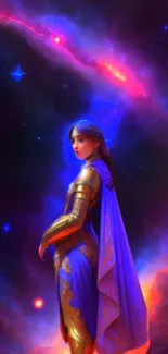 Fantasy warrior in blue cape against a galaxy backdrop.